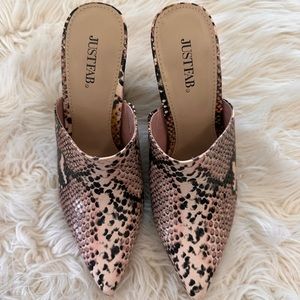 Cute faux snakeskin heeled mules